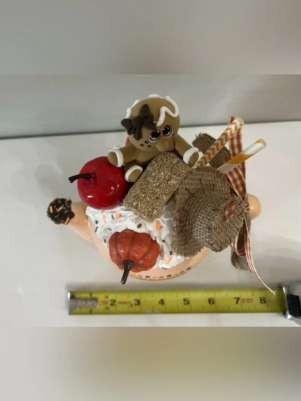 Fake Gingerbread Peach Ceramic Autumn Teapot Decor with Pumpkin & Apple Accents